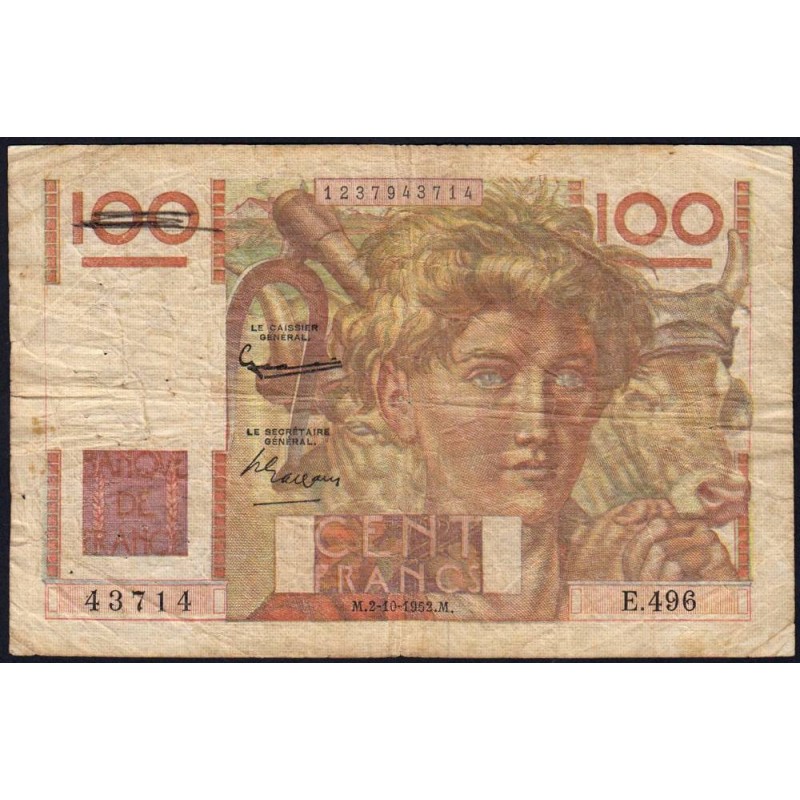 F 28-34 - 02/10/1952 - 100 francs - Jeune Paysan - Série E.496 - Etat : TB-