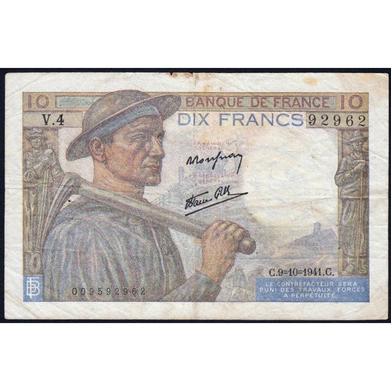 F 08-02 - 09/10/1941 - 10 francs - Mineur - Série V.4 - Etat : TB