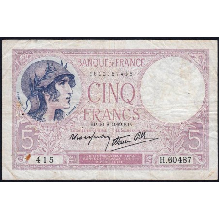 F 04-05 - 10/08/1939 - 5 francs - Violet modifié - Série H.60487 - Etat : TB