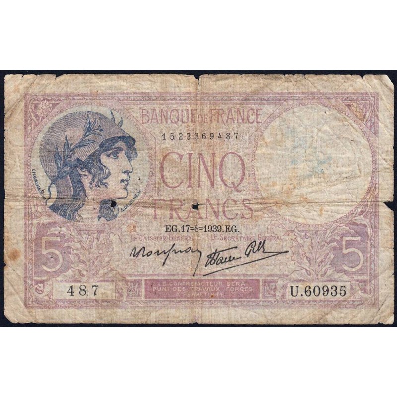 F 04-06 - 17/08/1939 - 5 francs - Violet modifié - Série U.60935 - Etat : B