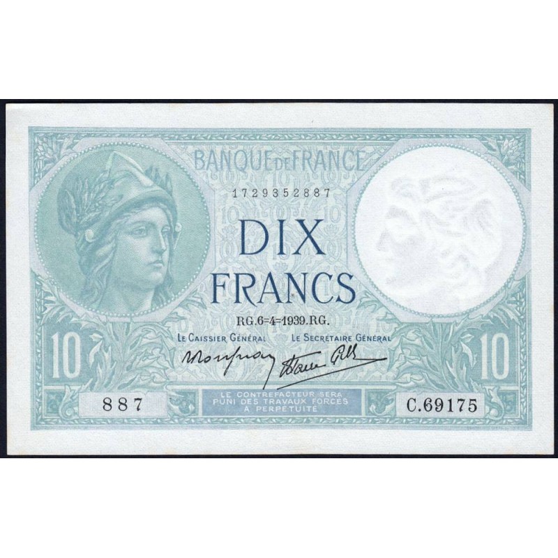 F 07-02 - 06/04/1939 - 10 francs - Minerve modifié - Série C.69175 - Etat : SPL+