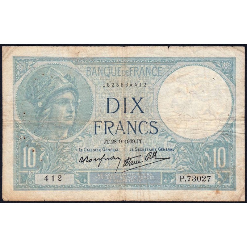 F 07-09 - 28/09/1939 - 10 francs - Minerve modifié - Série P.73027 - Etat : TB+