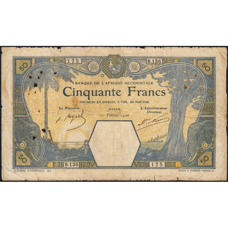 Sénégal - Dakar - Pick 9Bb_2 - 50 francs - Série B.136 - 11/02/1926 - Etat : TB-