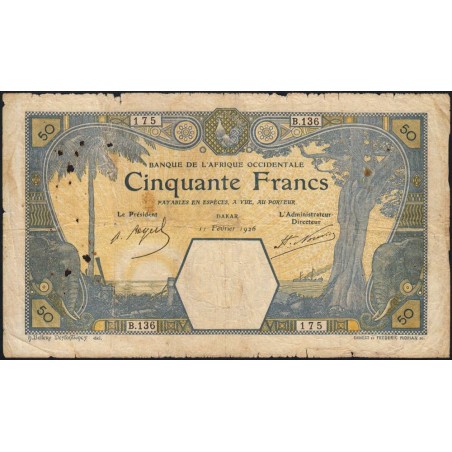 Sénégal - Dakar - Pick 9Bb_2 - 50 francs - Série B.136 - 11/02/1926 - Etat : TB-