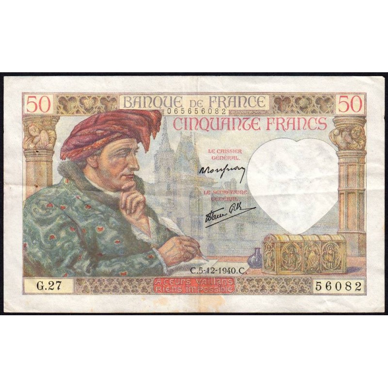 F 19-04 - 05/12/1940 - 50 francs - Jacques Coeur - Série G.27 - Etat : TTB