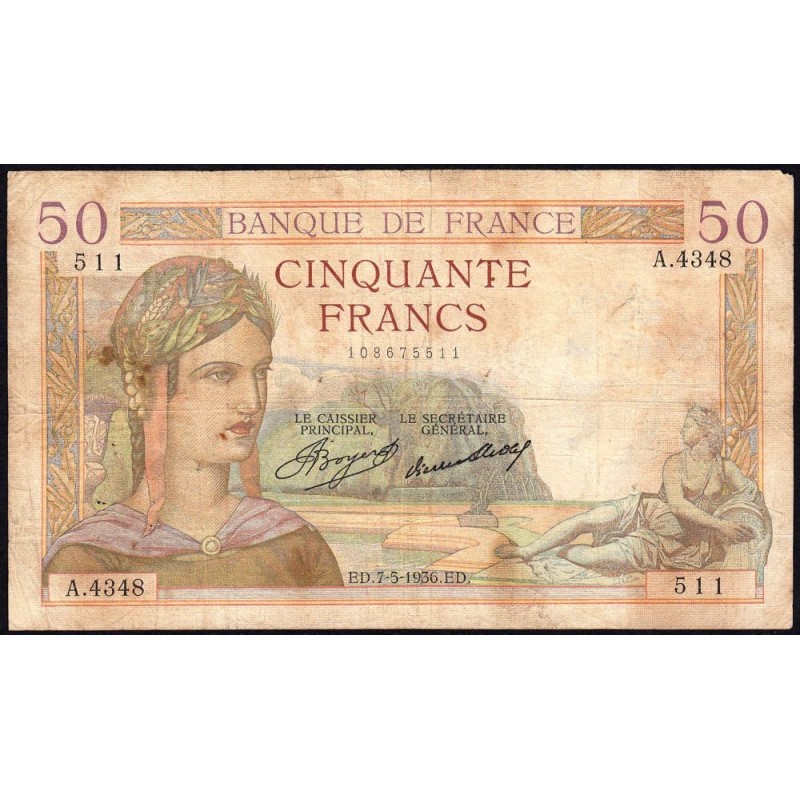 F 17-25 - 07/05/1936 - 50 francs - Cérès - Série A.4348 - Etat : TB-