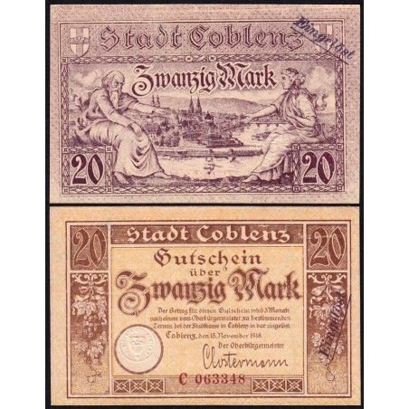 Allemagne - Notgeld - Coblenz - 20 mark - Série C - Réf. a - 15/11/1918 - Etat : NEUF