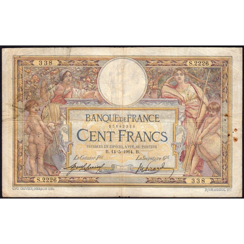 F 23-06 - 14/05/1914 - 100 francs - Merson sans LOM - Série S.2226 - Etat : B+