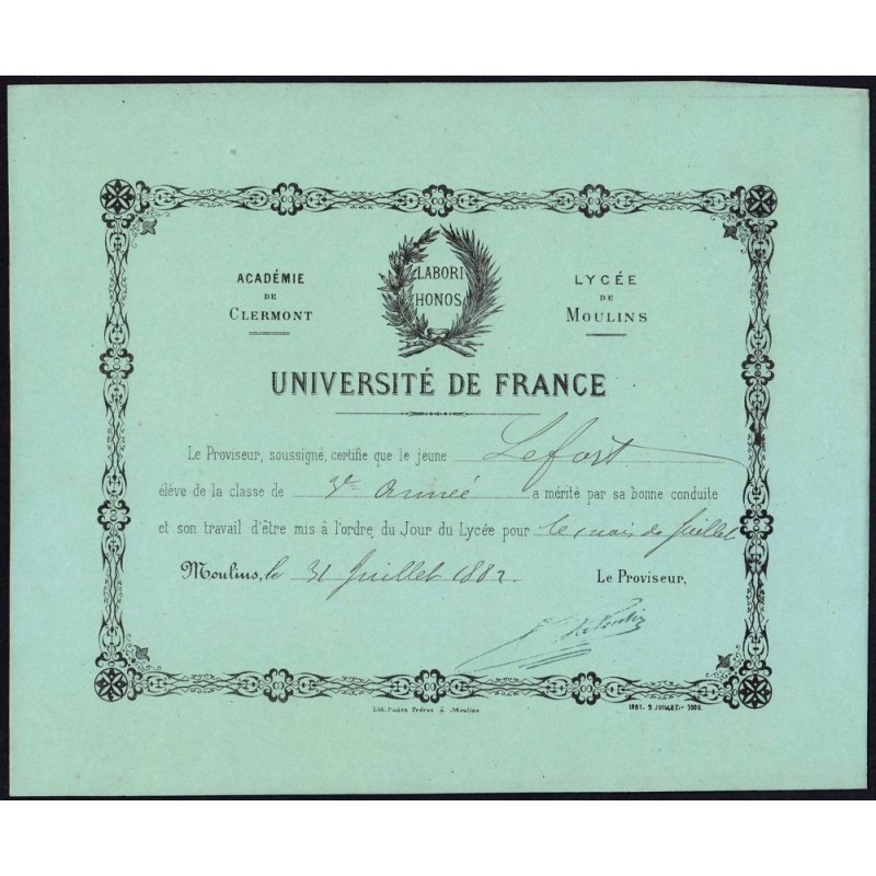 03 - Moulins - Lycée de Moulins - Carte de mérite - 31/07/1882 - Etat : SPL+