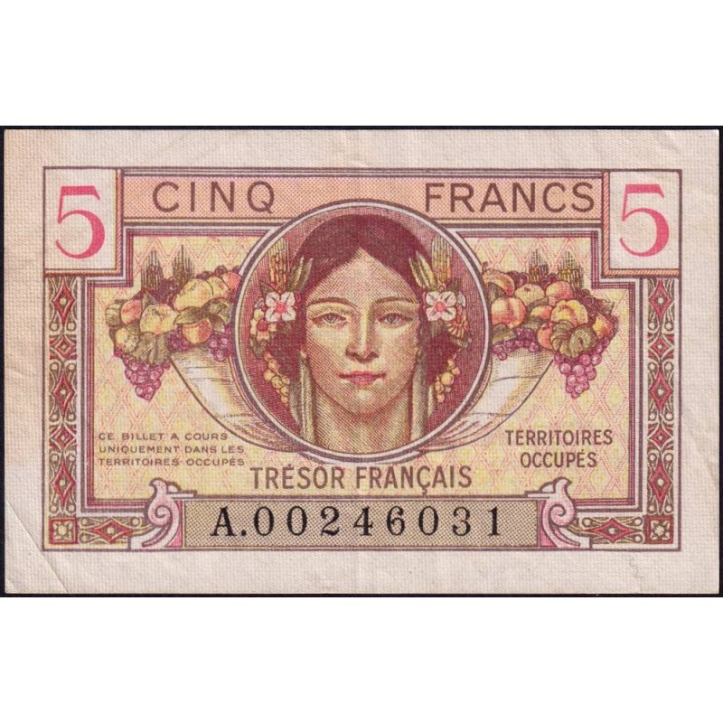 VF 29-01 - 5 francs - Trésor français - Territoires occupés - 1947 - Série A - Etat : TTB