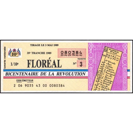 1989 - Bicentenaire de la Révolution - 35e tranche - 1/10ème - Floréal - Etat : SUP+