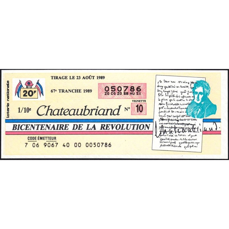 1989 - Bicentenaire de la Révolution - 67e tranche - 1/10ème - Chateaubriand - Etat : SUP+