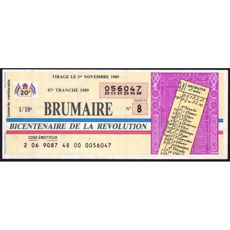 1989 - Bicentenaire de la Révolution - 87e tranche - 1/10ème - Brumaire - Etat : TTB+