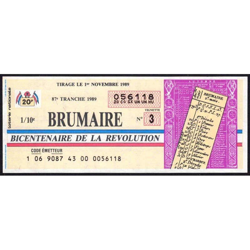 1989 - Bicentenaire de la Révolution - 87e tranche - 1/10ème - Brumaire - Etat : SPL