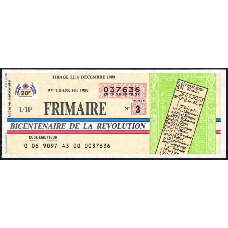 1989 - Bicentenaire de la Révolution - 97e tranche - 1/10ème - Frimaire - Etat : NEUF