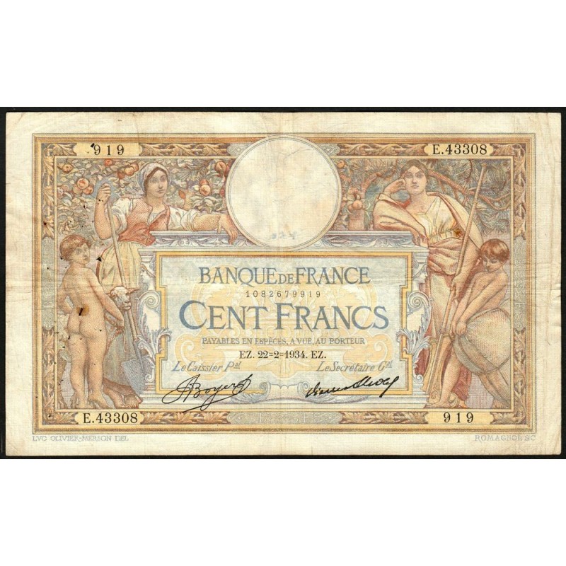 F 24-13 - 22/02/1934 - 100 francs - Merson grands cartouches - Série E.43308 - Etat : TB