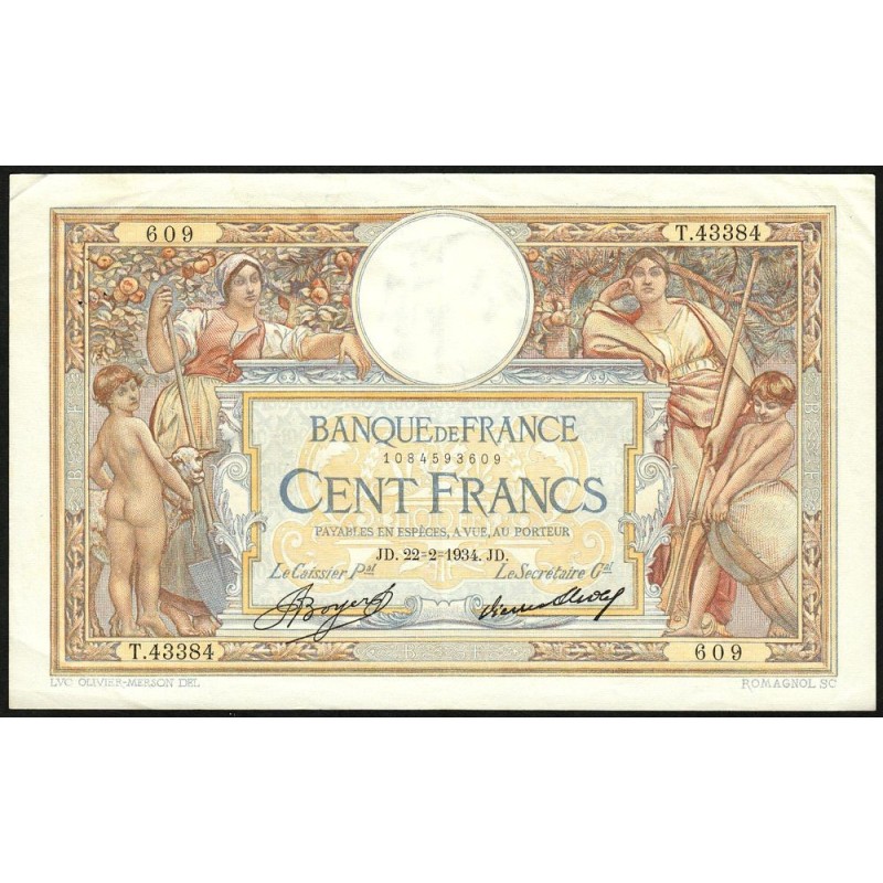 F 24-13 - 22/02/1934 - 100 francs - Merson grands cartouches - Série T.43384 - Etat : TTB+