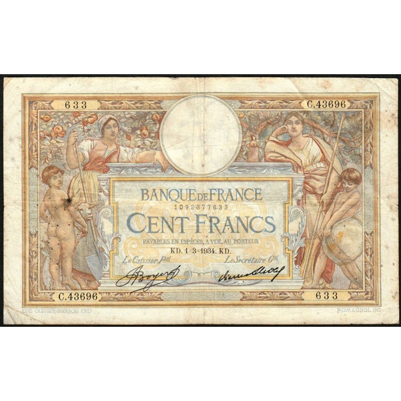 F 24-13 - 01/03/1934 - 100 francs - Merson grands cartouches - Série C.43696 - Etat : TB-