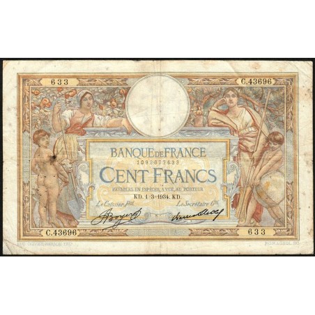 F 24-13 - 01/03/1934 - 100 francs - Merson grands cartouches - Série C.43696 - Etat : TB-