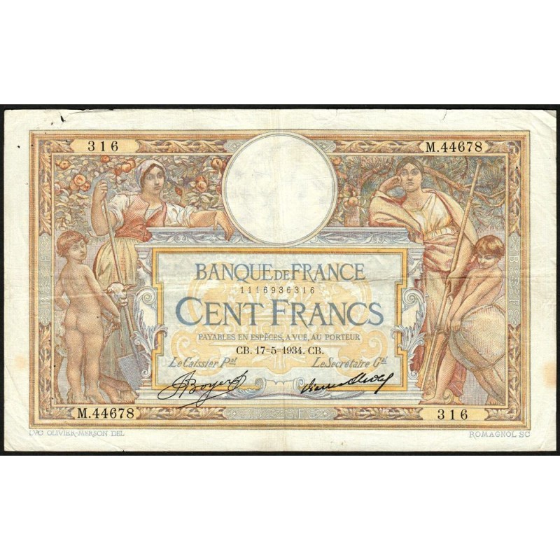 F 24-13 - 17/05/1934 - 100 francs - Merson grands cartouches - Série M.44678 - Etat : TB+