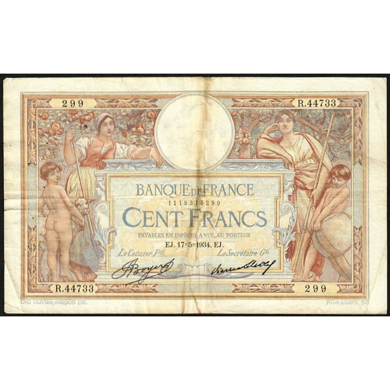 F 24-13 - 17/05/1934 - 100 francs - Merson grands cartouches - Série R.44733 - Etat : TB-