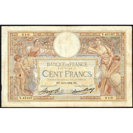 F 24-13 - 14/06/1934 - 100 francs - Merson grands cartouches - Série V.45107 - Etat : TB-