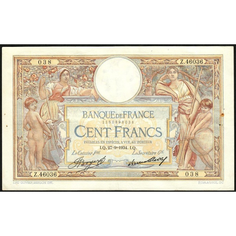 F 24-13 - 27/09/1934 - 100 francs - Merson grands cartouches - Série Z.46036 - Etat : TTB+