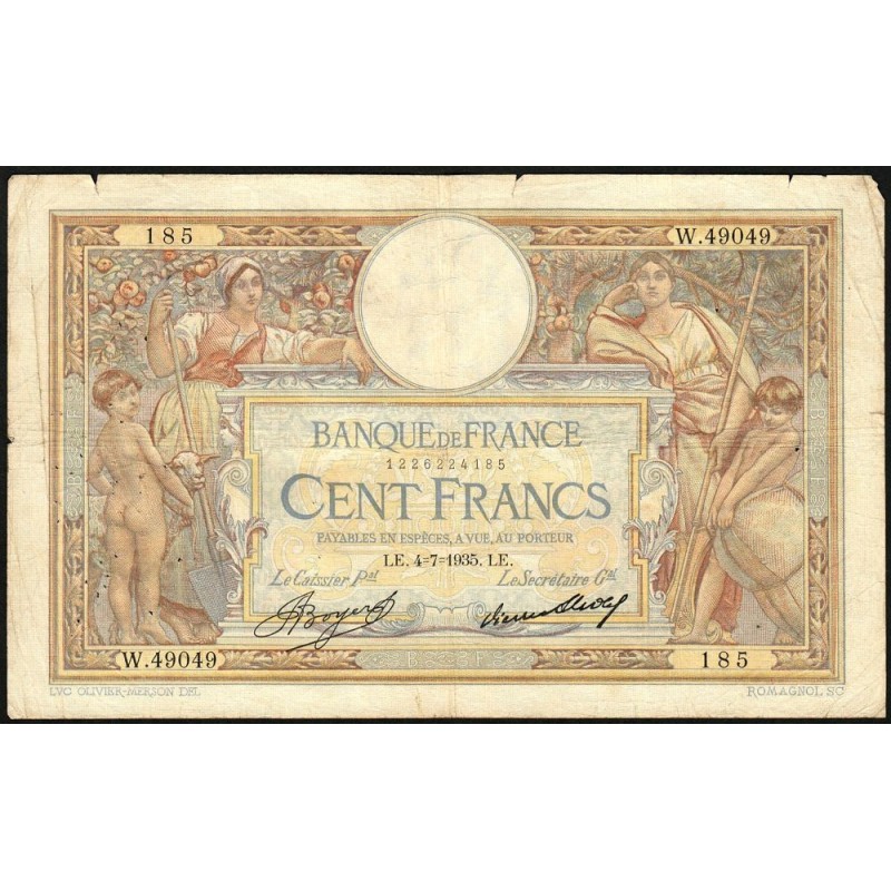 F 24-14 - 04/07/1935 - 100 francs - Merson grands cartouches - Série W.49049 - Remplacem. - Etat : TB-