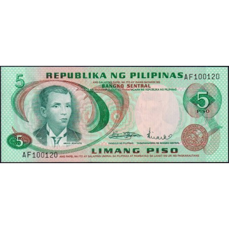 Philippines - Pick 148a_2 - 5 piso - Série AF - 1949 (1972) - Etat : NEUF