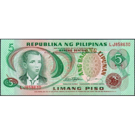 Philippines - Pick 160d - 5 piso - Série LJ - 1949 (1984) - Etat : SPL