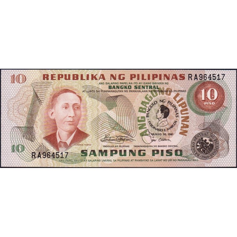 Philippines - Pick 167a_2 - 10 piso - Série RA - 30/06/1981 - Commémoratif - Etat : NEUF