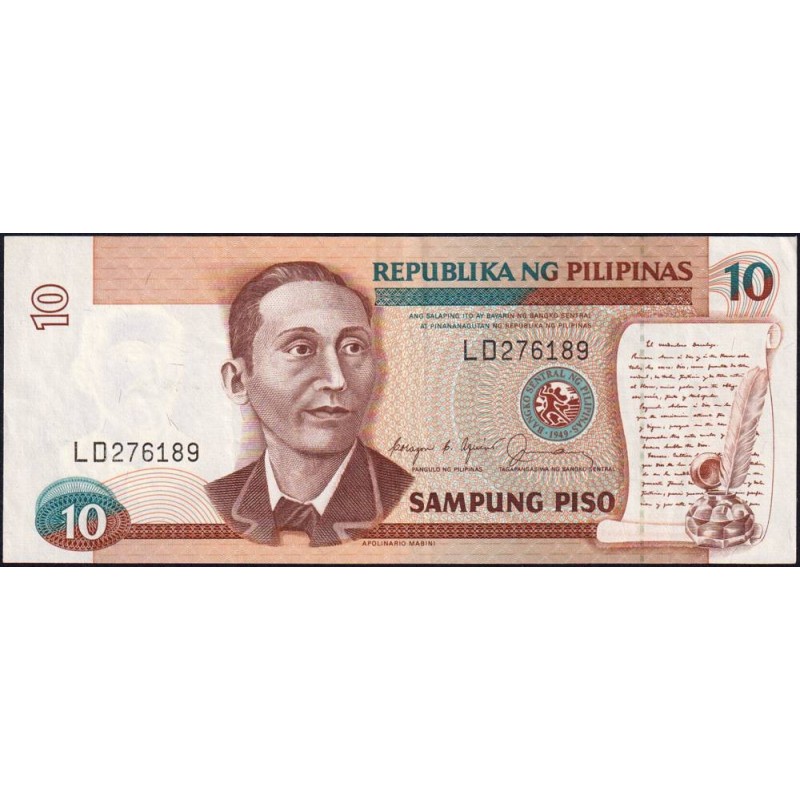 Philippines - Pick 169b - 10 piso - Série LD - 1949 (1987) - Etat : SUP