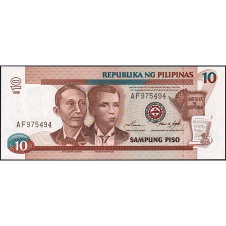 Philippines - Pick 187b - 10 piso - Série AF - 1998 - Etat : NEUF