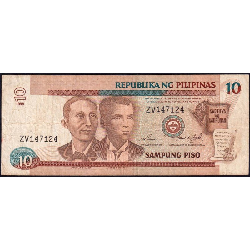 Philippines - Pick 187c - 10 piso - Série ZV - 1998 - Etat : TB