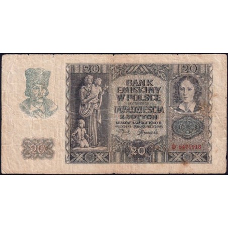 Pologne - Pick 95 - 20 zlotych - Série D - 01/03/1940 - Etat : TB