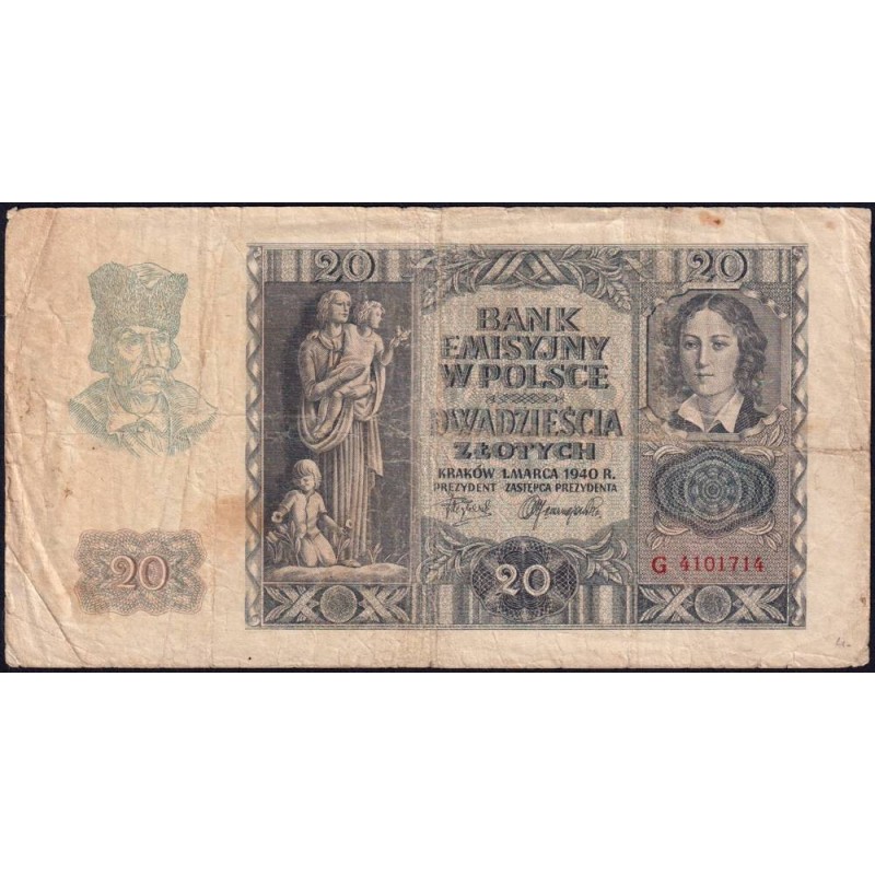 Pologne - Pick 95 - 20 zlotych - Série G - 01/03/1940 - Etat : TB-