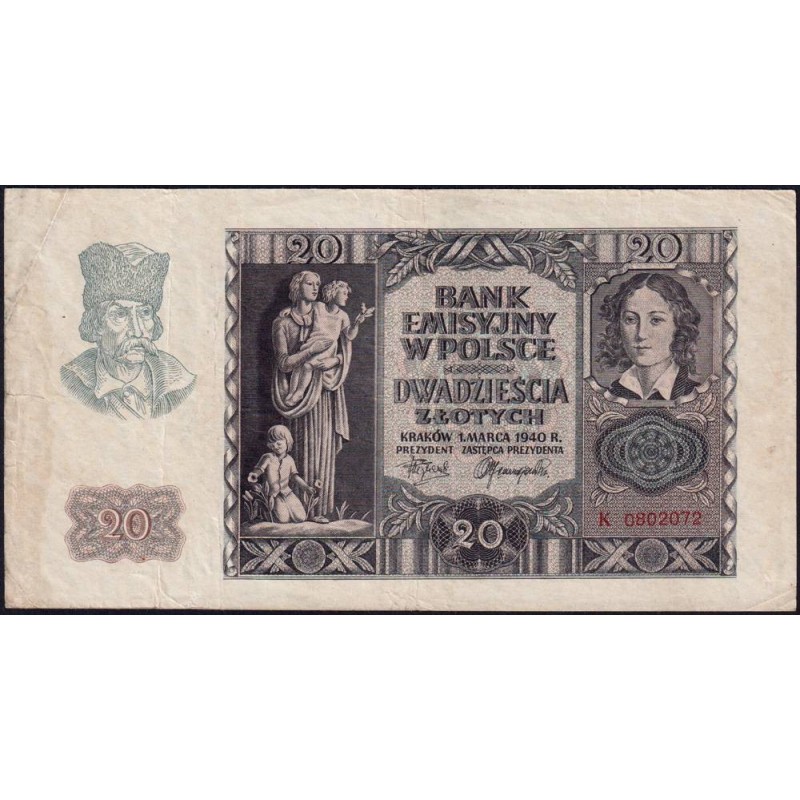 Pologne - Pick 95 - 20 zlotych - Série K - 01/03/1940 - Etat : TTB-