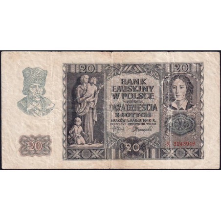 Pologne - Pick 95 - 20 zlotych - Série K - 01/03/1940 - Etat : TB-