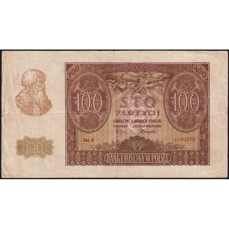 Pologne - Pick 97 - 100 zlotych - Série B - 01/03/1940 - Etat : TTB-