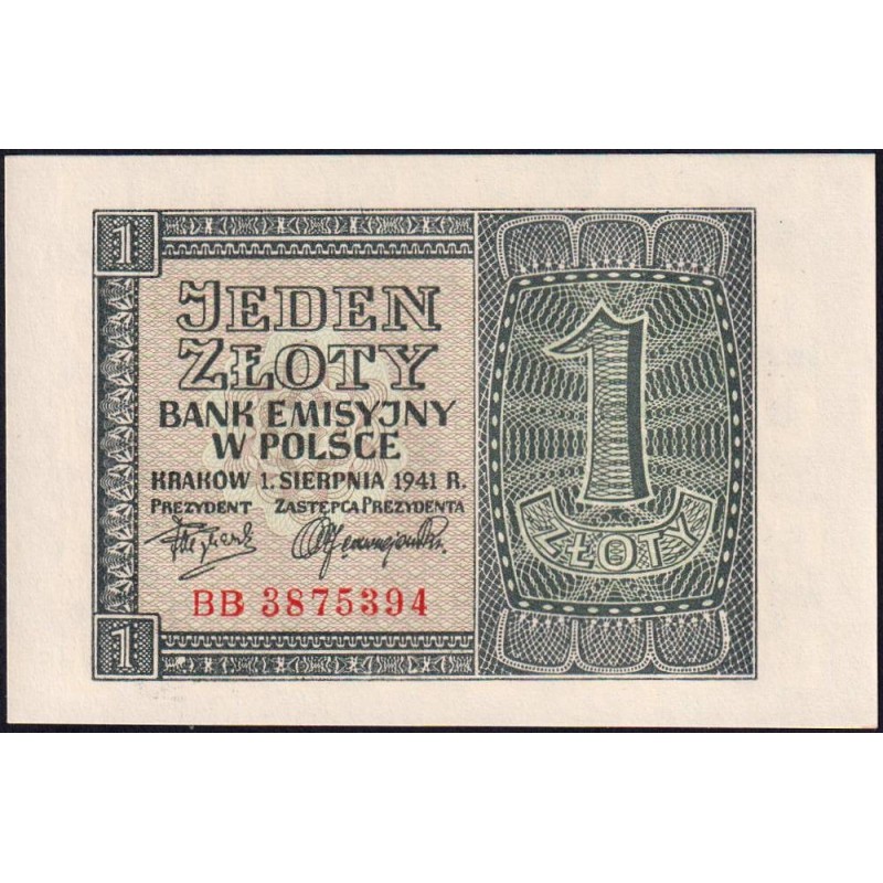 Pologne - Pick 99_2 - 1 zloty - Série BB - 01/08/1941 - Etat : NEUF