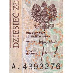 Pologne - Pick 173a_1 - 10 zlotych - Série AJ - 25/03/1994 - Etat : TTB-