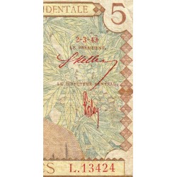 AOF - Pick 26 - 5 Francs - Série - L.13424 - 02/03/1943 - Etat : B+