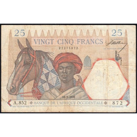 AOF - Pick 22_b3 - 25 Francs - Série - A.852 - 10/03/1938 - Etat : TB