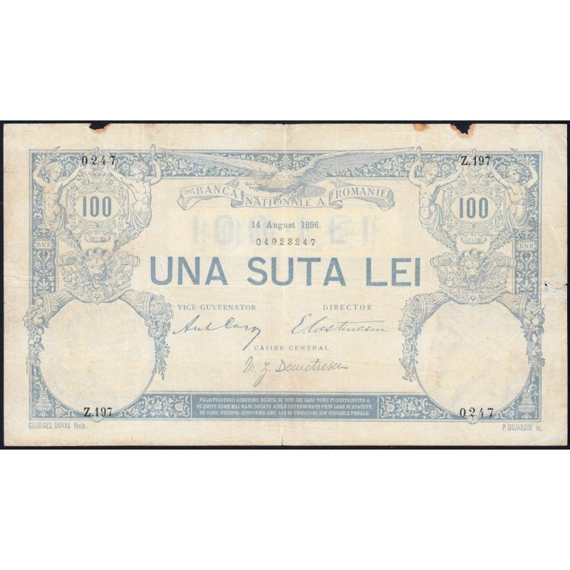 Roumanie - Pick 14_i1 - 100 lei - Série Z.197 - 14/08/1896 - Etat : TB-