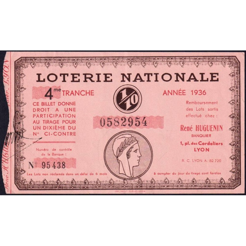 1936 - Loterie Nationale - 4e tranche - 1/10ème - Banque Huguenin - Etat : SPL