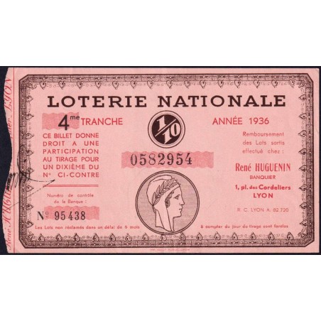 1936 - Loterie Nationale - 4e tranche - 1/10ème - Banque Huguenin - Etat : SPL