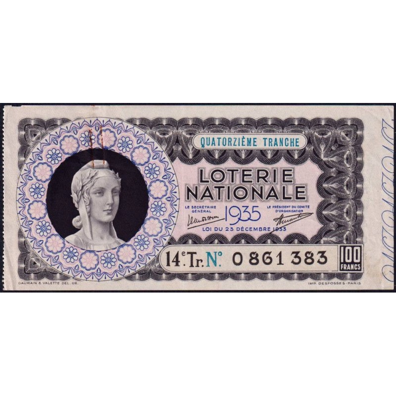 1935 - Loterie Nationale - 14e tranche - Etat : TTB+