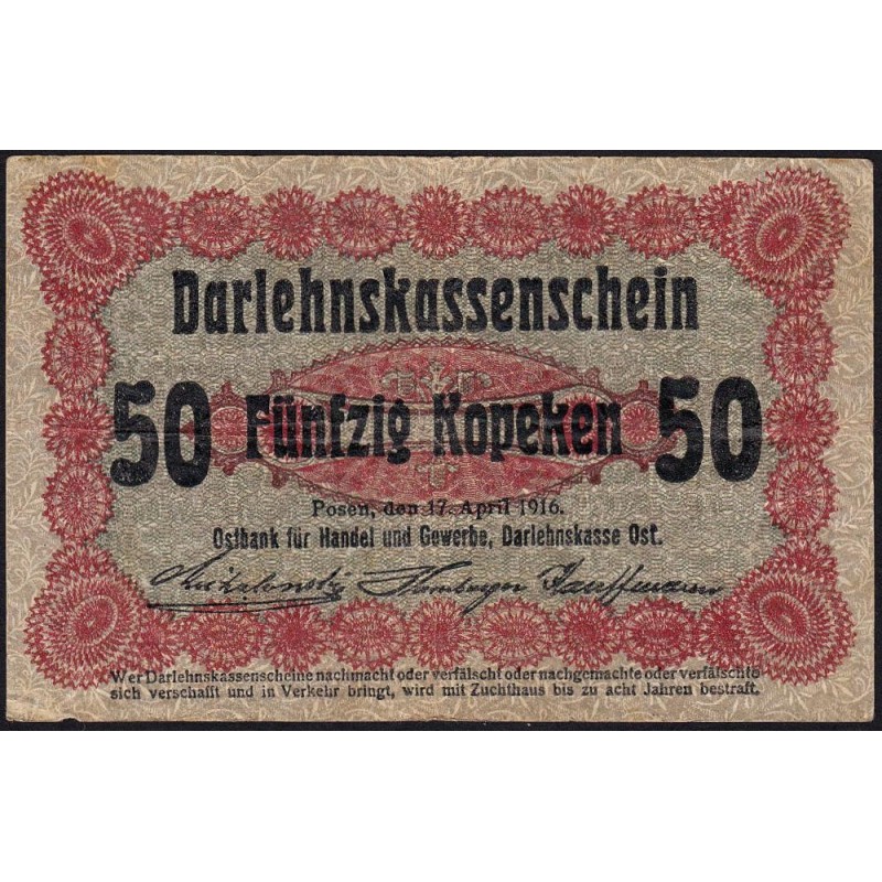 Allemagne - Emission de Posen (Pologne) - Pick R 121d - 50 kopeken - 17/04/1916 - Etat : TB+