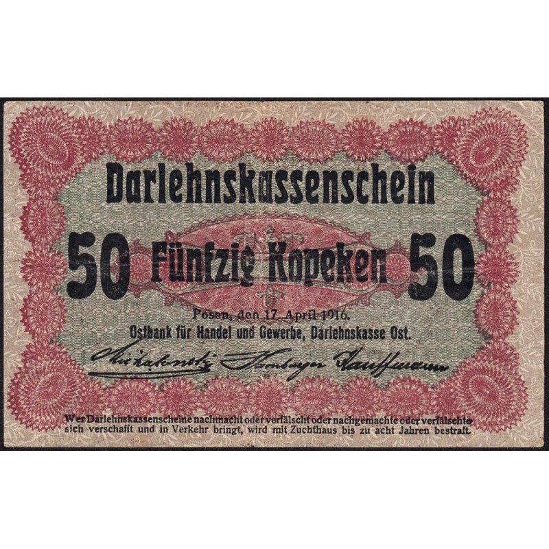 Allemagne - Emission de Posen (Pologne) - Pick R 121d - 50 kopeken - 17/04/1916 - Etat : TB+