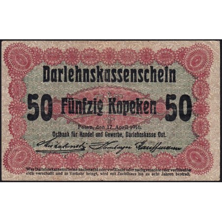 Allemagne - Emission de Posen (Pologne) - Pick R 121d - 50 kopeken - 17/04/1916 - Etat : TB+